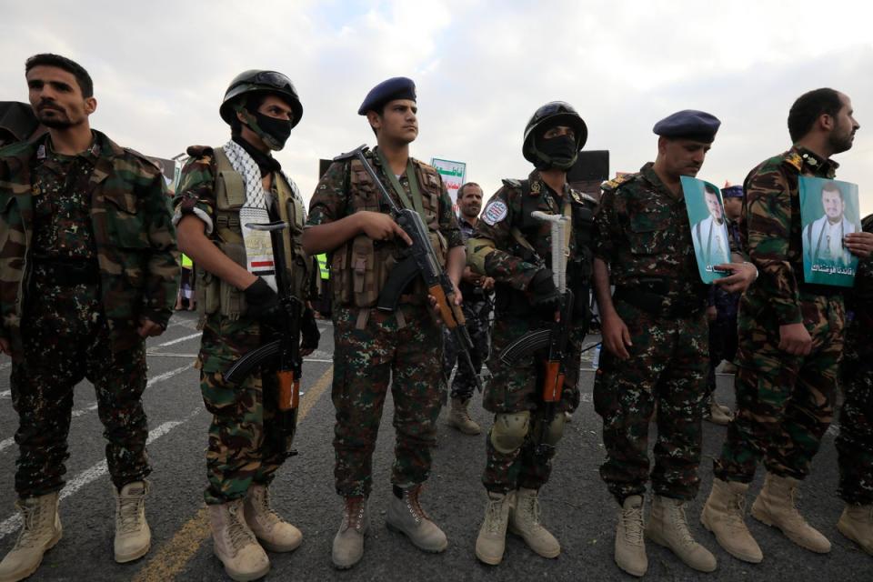 Houthi troopers take part in a protest in solidarity with the Palestinian people in the Yemeni capital of Sana’a (EPA)