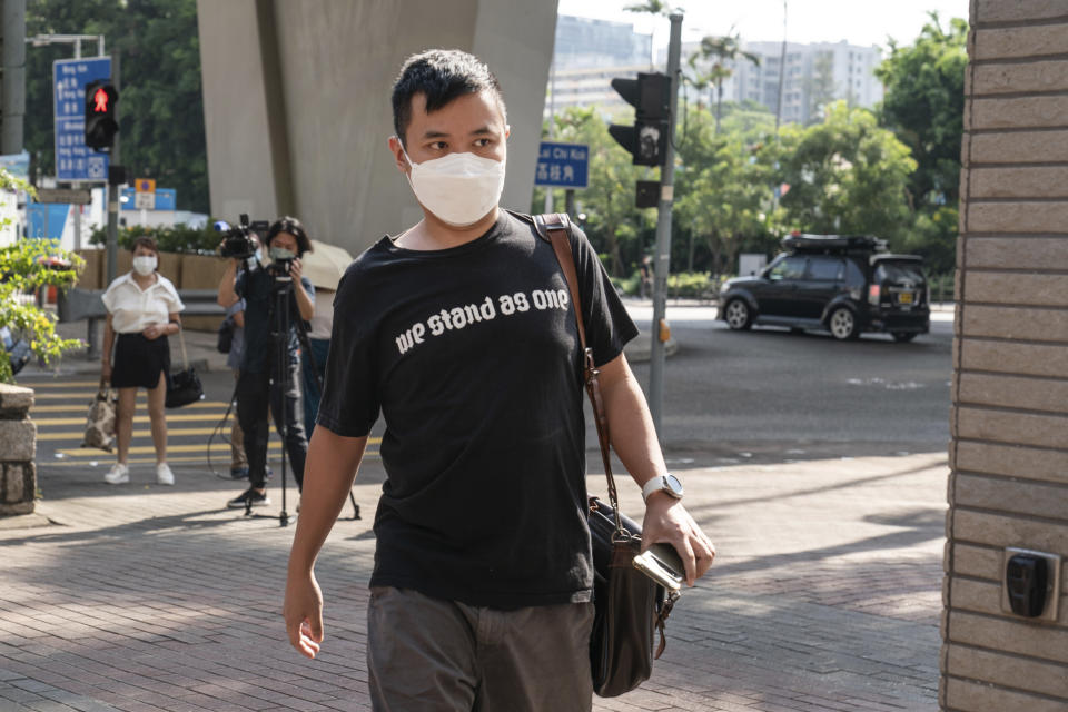 Sze Ching-wee, former secretary of the 612 Humanitarian Relief Fund, arrives at the West Kowloon Magistrates' courts in Hong Kong, Monday, Sept. 26, 2022. Sze was among some arrested along with 90-year-old Catholic Cardinal Joseph Zen in May on suspicion of colluding with foreign forces to endanger China's national security. (AP Photo/Oiyan Chan)