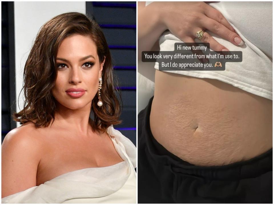Graham (left) posted about her postpartum figure to her Instagram Story (right) (Getty/Instagram @ashleygraham)