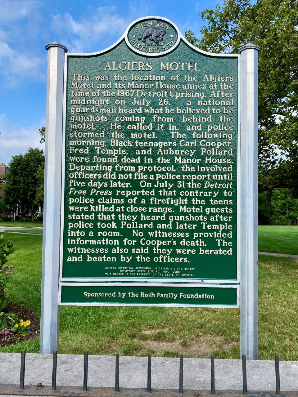 Historical marker at the site of the former Algiers Motel off Woodward Avenue in Detroit, where three Black teens were shot to death during a police raid in 1967.