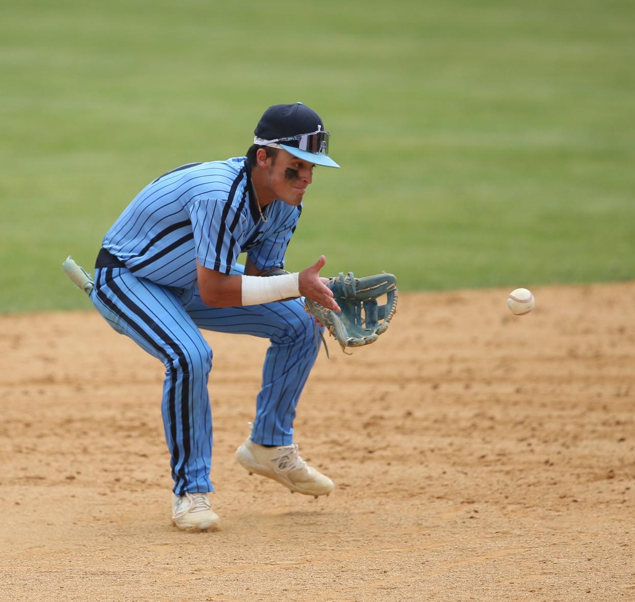John Jay's Shane Driscoll sets to field a groundball during a Section 1 Class AA baseball semifinal on May 24, 2023.