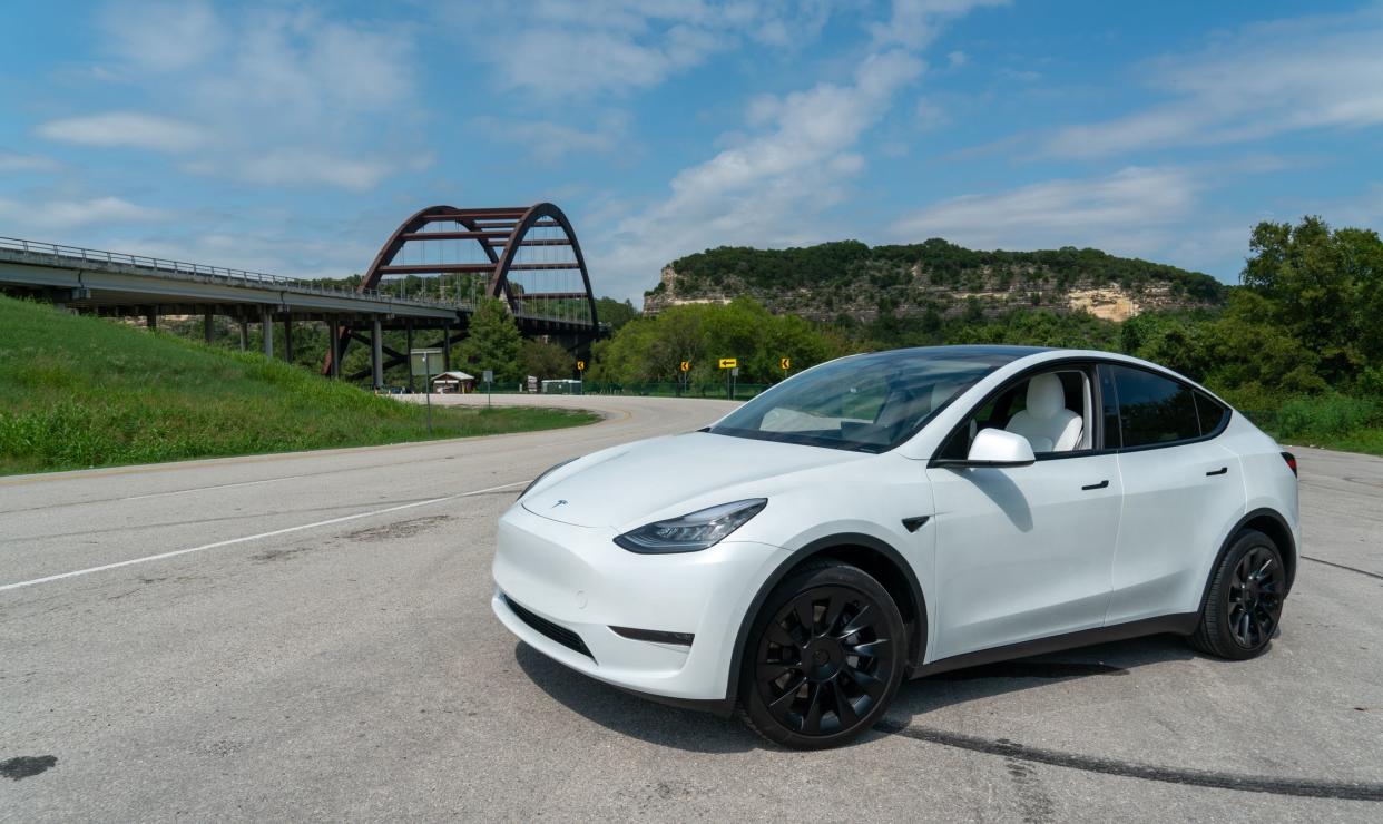 All White Tesla Model Y in Austin Texas USA on 9/12/2020 - This will be the top selling Crossover SUV all electric vehicle in America