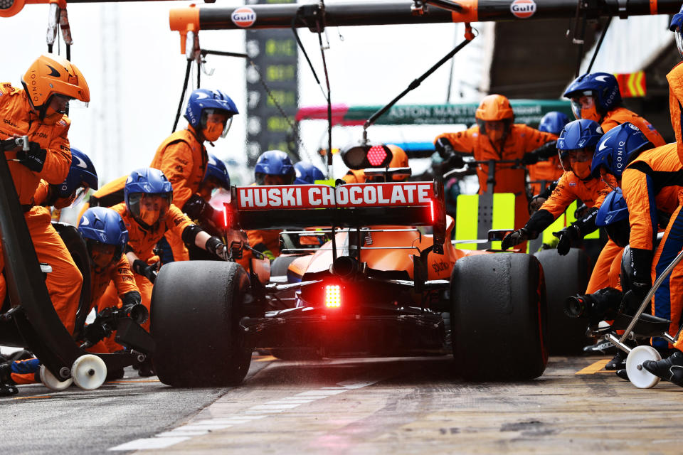 Daniel Ricciardo driving the (3) McLaren F1 Team MCL35M Mercedes comes in for a tyre change during the F1 Grand Prix of Spain at Circuit de Barcelona-Catalunya on May 09, 2021 in Barcelona, Spain.