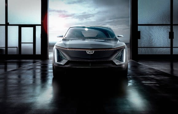 A head-on view of the upcoming electric Cadillac crossover SUV. The grill resembles those on the latest Cadillacs, but larger and more sharp-edged.