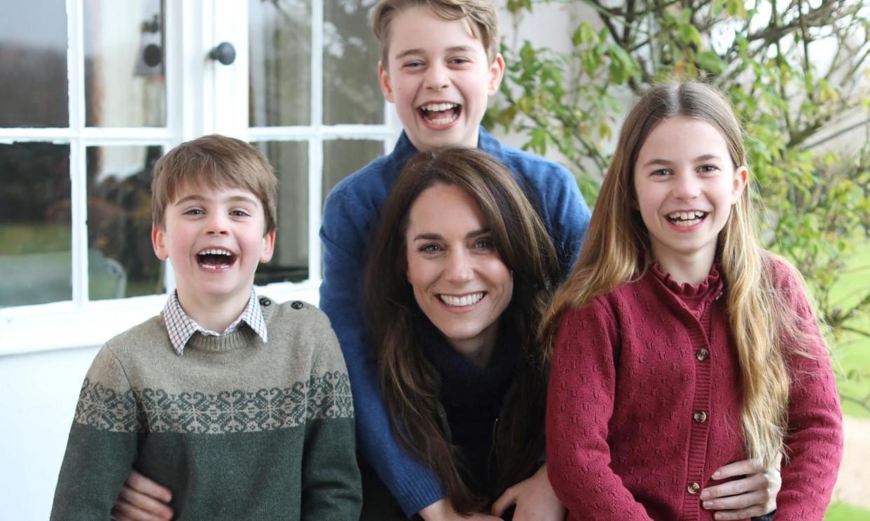 <span>The photo issued by Kensington Palace of the Princess of Wales with Prince Louis, Prince George and Princess Charlotte, taken in Windsor earlier this week by the Prince of Wales.</span><span>Photograph: Prince of Wales/Kensington Palace</span>