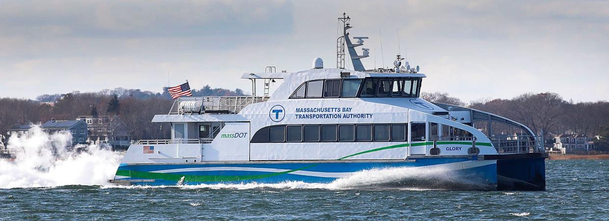 The MBTA commuter ferry "Glory" motors along the Fore River between Weymouth and Quincy on a trip into Boston on Wednesday Nov. 29, 2023