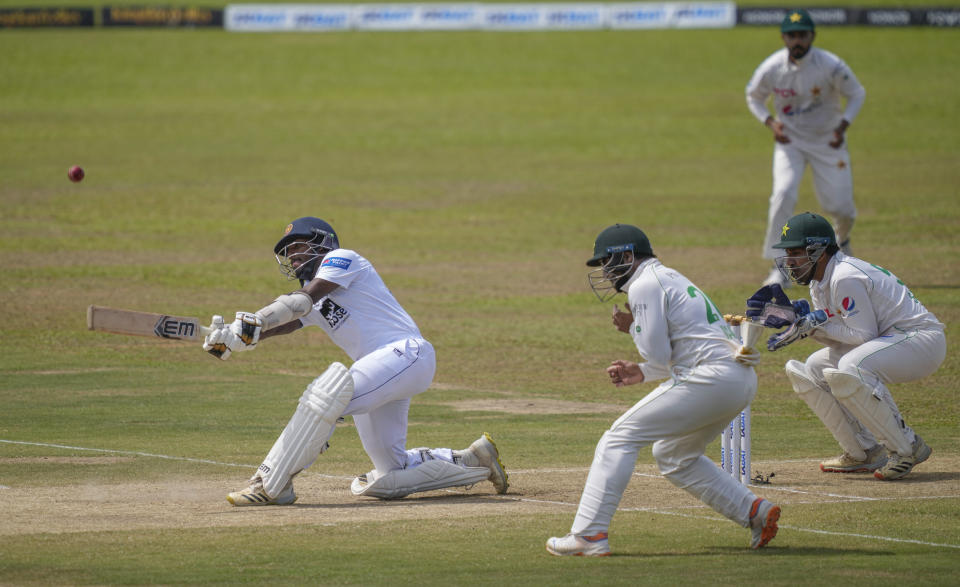Sri Lanka's Nishan Madushka plays a shot during the fourth day of the first cricket test match between Sri Lanka and Pakistan in Galle, Sri Lanka, Wednesday, July 19, 2023. (AP Photo/Eranga Jayawardena)