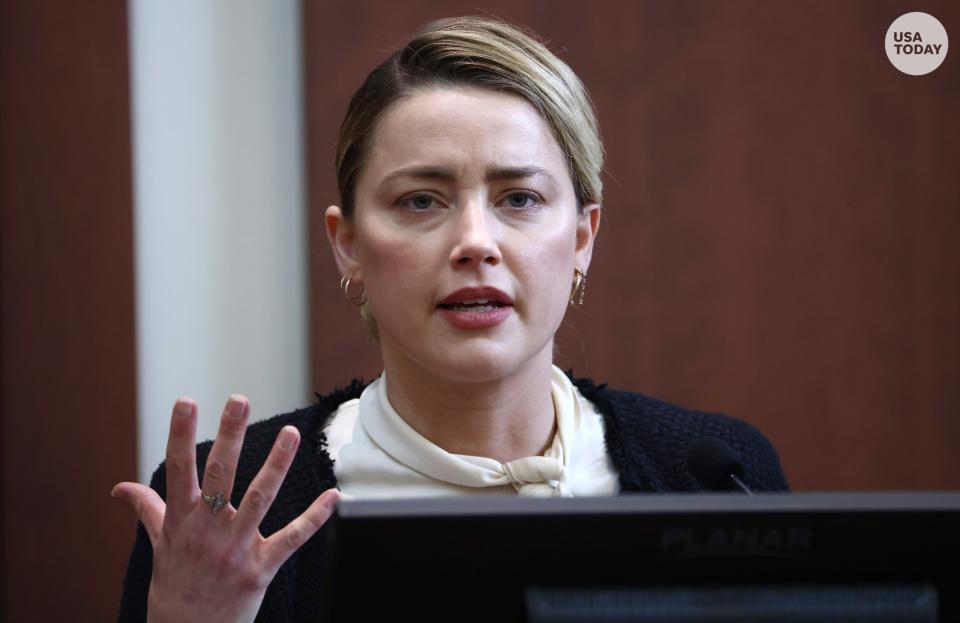 Amber Heard testifies in the courtroom at the Fairfax County Circuit Court in Fairfax, Virginia, Thursday, May 5, 2022.