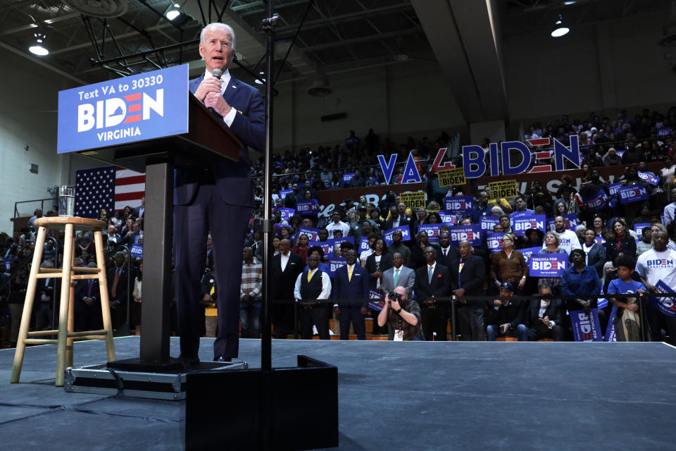 NORFOLK, VIRGINIA - MARCH 01:  Democratic presidential candidate former Vice President Joe Biden speaks during a campaign event at Booker T. Washington High School March 1, 2020 in Norfolk, Virginia. After his major win in South Carolina, Biden continues to campaign for the upcoming Super Tuesday Democratic presidential primaries.  (Photo by Alex Wong/Getty Images)