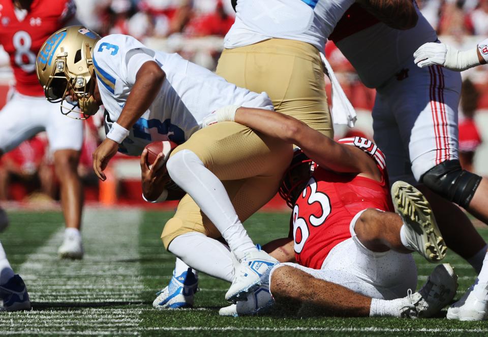 Utah Utes defensive end Jonah Elliss (83) sacks UCLA Bruins quarterback Dante Moore (3) in Salt Lake City on Saturday, Sept. 23, 2023. | Jeffrey D. Allred, Deseret News