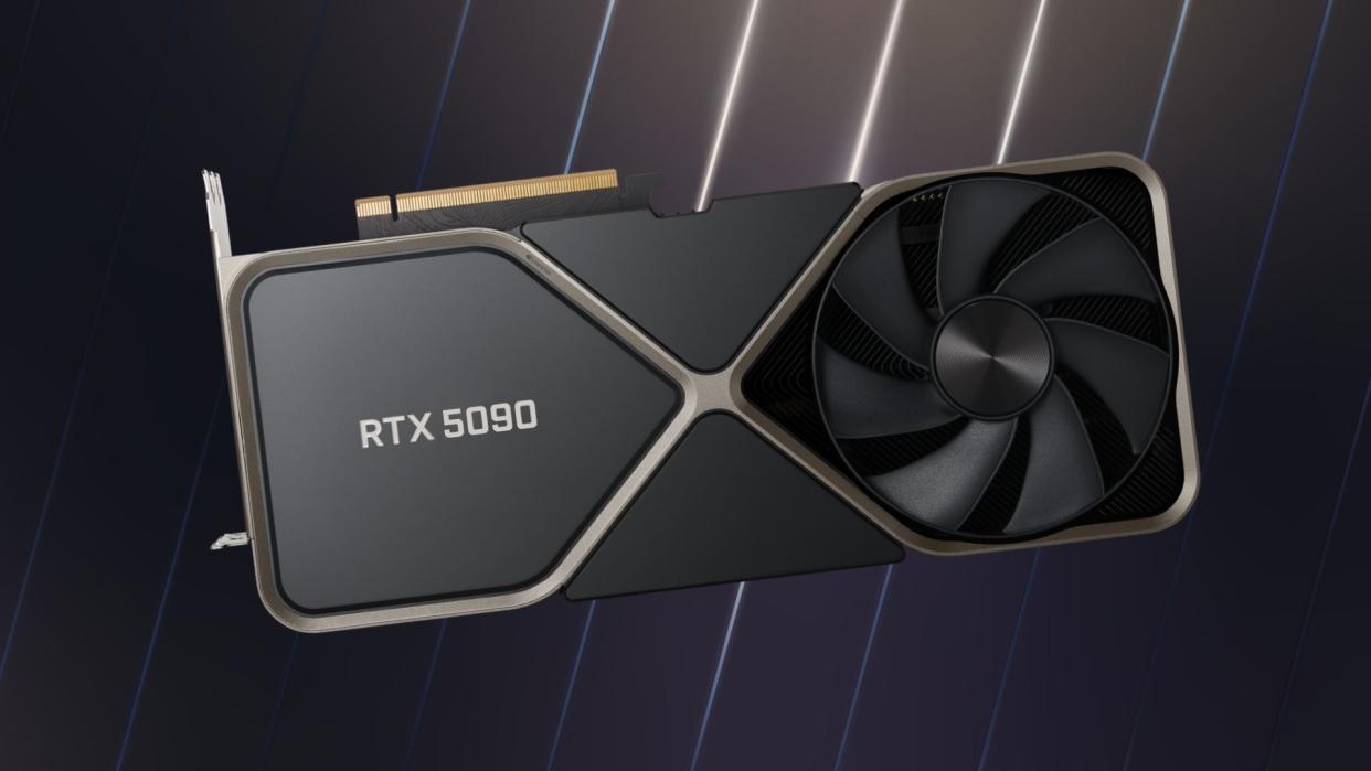  Nvidia GeForce RTX 5090 mock-up with navy mirrored backdrop. 