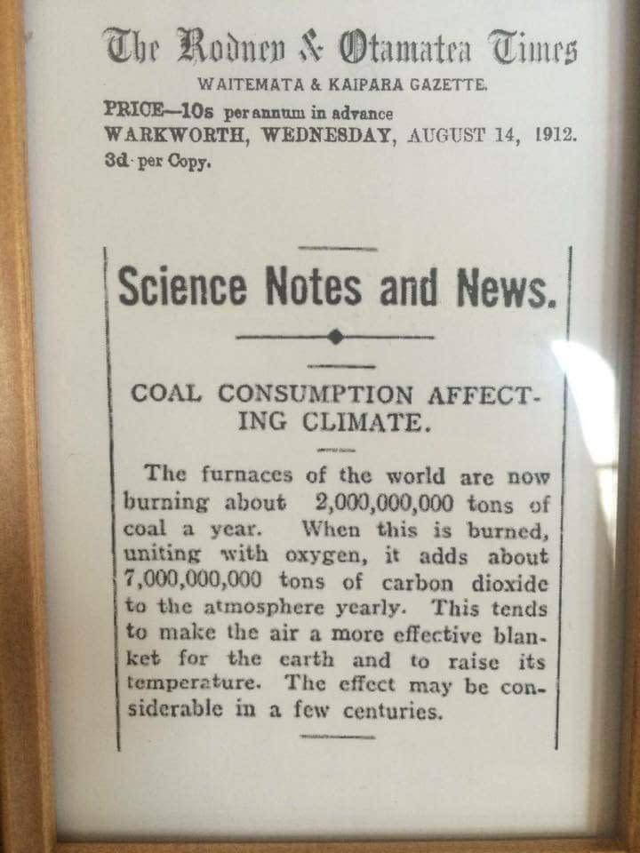 Newspaper column dated Aug 14, 1912, with headline "Coal consumption affecting climate": "The furnaces of the world are now burning about 2,000,000,000 tons of coal a year," and the effects of the Earth warming "may be considerable in a few centuries"