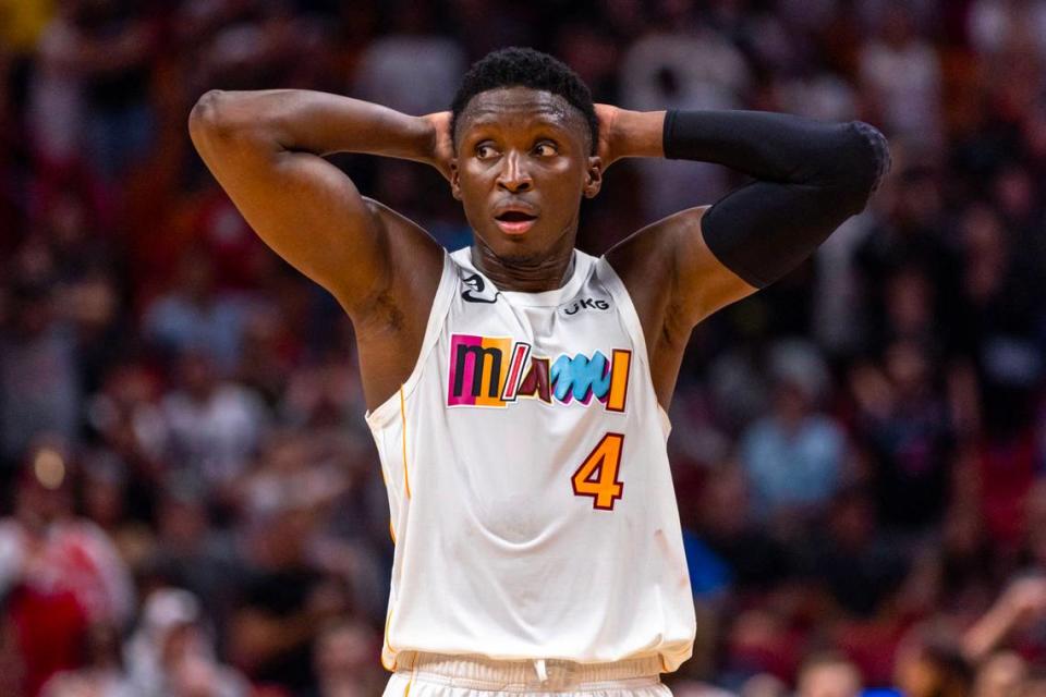 Miami Heat guard Victor Oladipo (4) reacts to a call during the fourth quarter of an NBA game against the Cleveland Cavaliers at Miami-Dade Arena in Downtown Miami, Florida, on Wednesday, March 8, 2023.