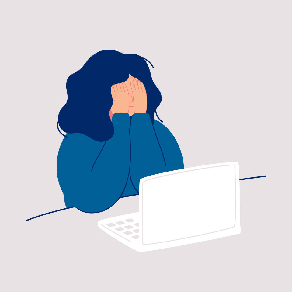 Disheveled woman sits at the computer and crying covering her face with her hands. Weeping woman emotions grief. Concept of solitude and loneliness.  Cartoon vector illustration in flat style