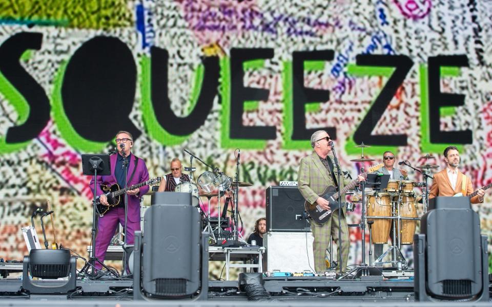 Chris Difford and Glenn Tilbrook from Squeeze opening proceedings on the Pyramid Stage - a set not covered by the BBC