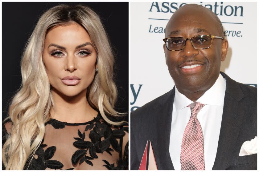 A triptych of actress Lala Kent and Attorney Darrell D. Miller, holding his award for Entertainment Lawyer Of The Year at The Beverly Hilton Hotel.