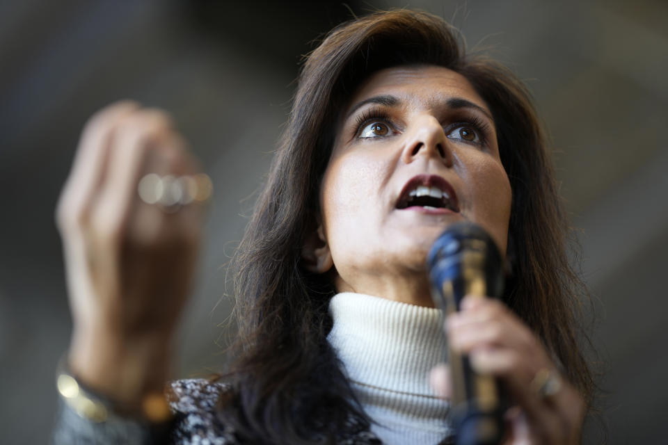 Republican presidential candidate Nikki Haley speaks during a campaign stop, Saturday, Dec. 30, 2023, in Coralville, Iowa. (AP Photo/Charlie Neibergall)