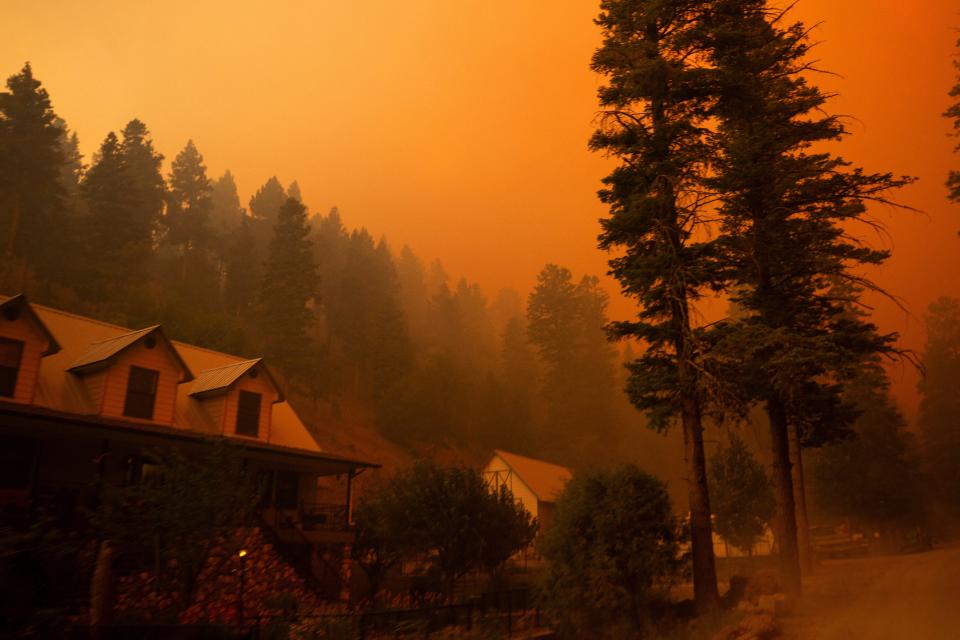 Smoke from the South Fork Fire covers the sun, casting an orange light across the Lincoln National Forest at Cedar Creek, in Ruidoso, New Mexico, U.S. June 17, 2024. REUTERS/Kaylee Greenlee Beal