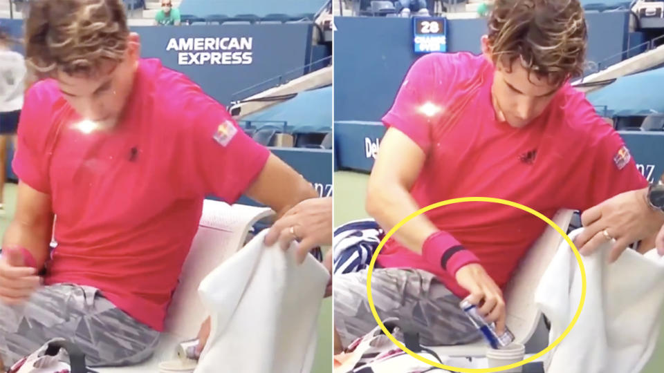 Dominic Thiem (pictured) pouring a can of Red Bull into a plain cup at the US Open.