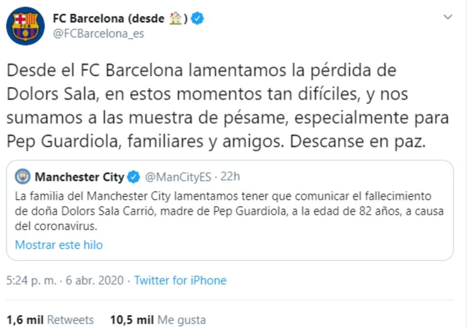 A las 17:24, el Barcelona reaccionaba lamentando la pérdida de Dolors Sala y dando el pésame a Guardiola en un tuit que citaba a otro del Manchester City, que fue quien anunció la noticia. (Foto: Twitter / <a href="http://twitter.com/FCBarcelona_es/status/1247183499490189313" rel="nofollow noopener" target="_blank" data-ylk="slk:@FCBarcelona_es" class="link ">@FCBarcelona_es</a>).