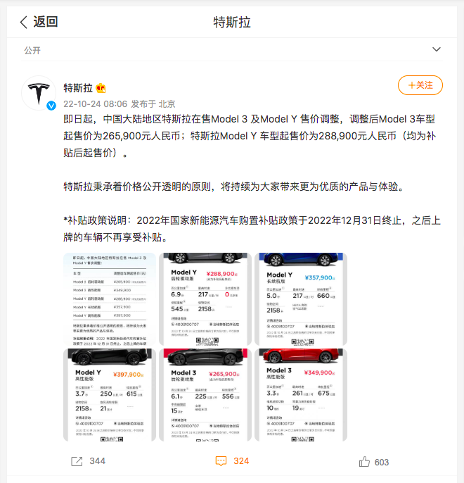 Tesla下調中國內地Model 3和Model Y售價。（網絡擷圖）