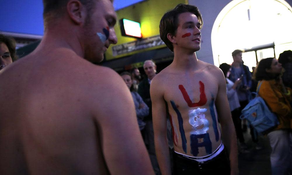 A protester wears body paint during a demonstration outside of Zellerbach Hall on the UC Berkeley campus on 14 September, 2017.