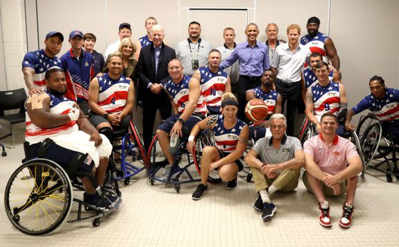 Mandatory Credit: Photo by REX/Shutterstock (9099966w) Prince Harry, former U.S. President Barack Obama, former Vice President of the U.S. Joe Biden and former second lady of the U.S. Jill Biden pose with competitors from Team USA on day 7 of the Invictus Games 2017 on September 29, 2017 in Toronto, Canada. Invictus Games, Toronto, Canada - 29 Sep 2017