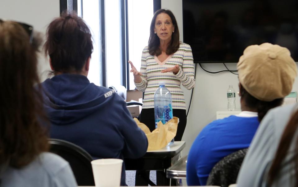 Assemblymember Amy Paulin speaks to potential candidates for upcoming elections, during a training session for new women candidates at Eleanor's Legacy in Hartsdale April 22, 2023. 