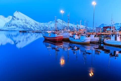 The snowy landscape of the Lofoten Islands of Norway