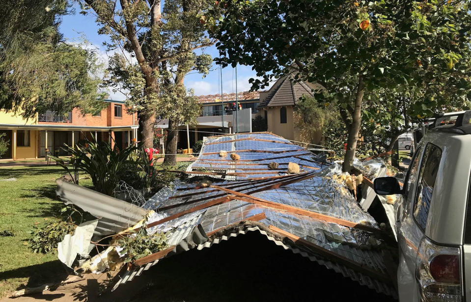 Gale force winds blew the roof off the Wescott Presbyterian aged care centre in Stockton, near Newcastle, NSW. Source: Ambulance NSW