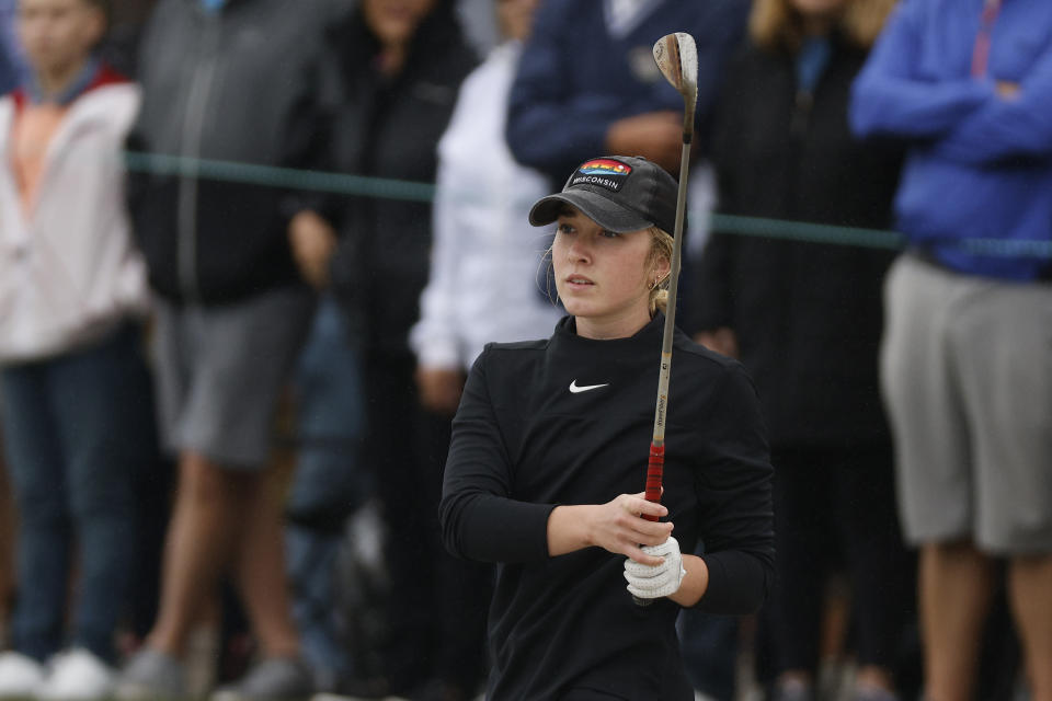 Izzi Stricker, daughter of Steve Stricker, plays a shot from a bunker on the third hole during the final round of the PNC Championship at The Ritz-Carlton Golf Club on Dec. 17, 2023 in Orlando. (Photo by Mike Mulholland/Getty Images)