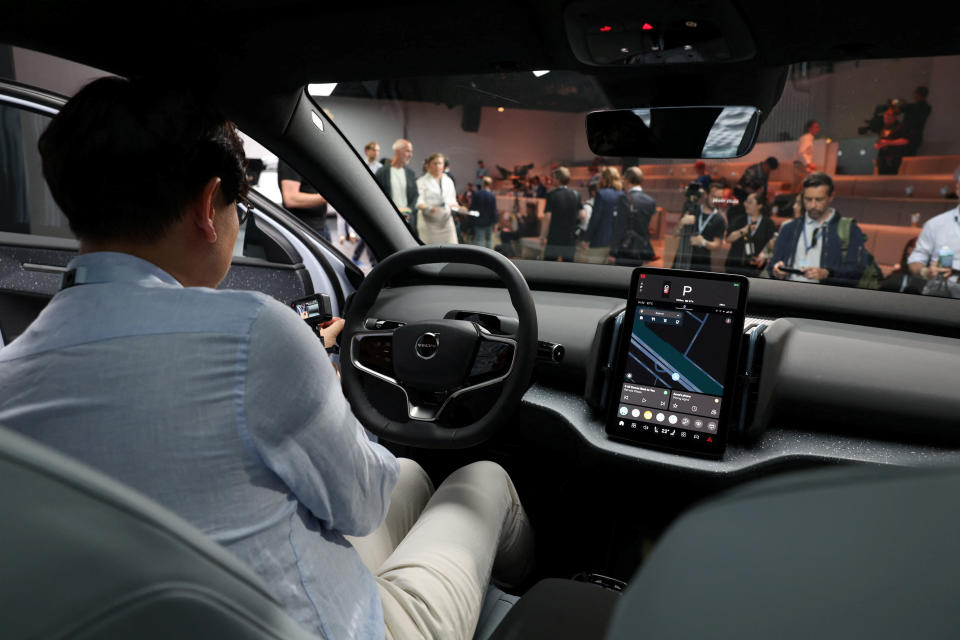 Guest seats in the all-electric Volvo EX30 mini SUV during the Volvo unveiling event in Milan, Italy on June 7, 2023. REUTERS/Claudia Grecco