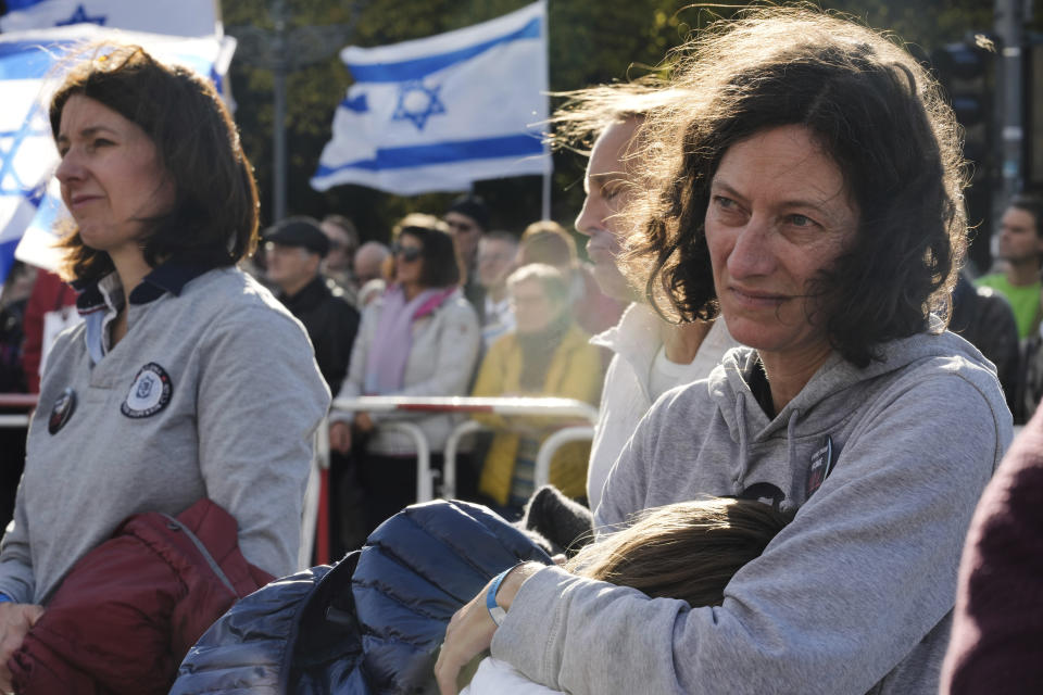 People listen to speeches at a demonstration against antisemitism and to show solidarity with Israel in Berlin, Germany, Sunday, Oct. 22, 2023. (AP Photo/Markus Schreiber)