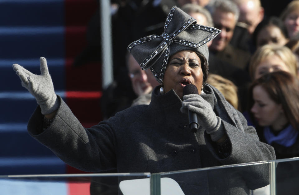 FILE - In this Jan. 20, 2009 file photo, Aretha Franklin performs at the inauguration for President Barack Obama at the U.S. Capitol in Washington. Franklin died Thursday, Aug. 16, 2018, at her home in Detroit. She was 76. Throughout Aretha Franklin’s career, "The Queen of Soul" often returned to Washington - the nation's capital - for performances that at times put her in line with key moments of U.S. History. (AP Photo/Ron Edmonds, File)