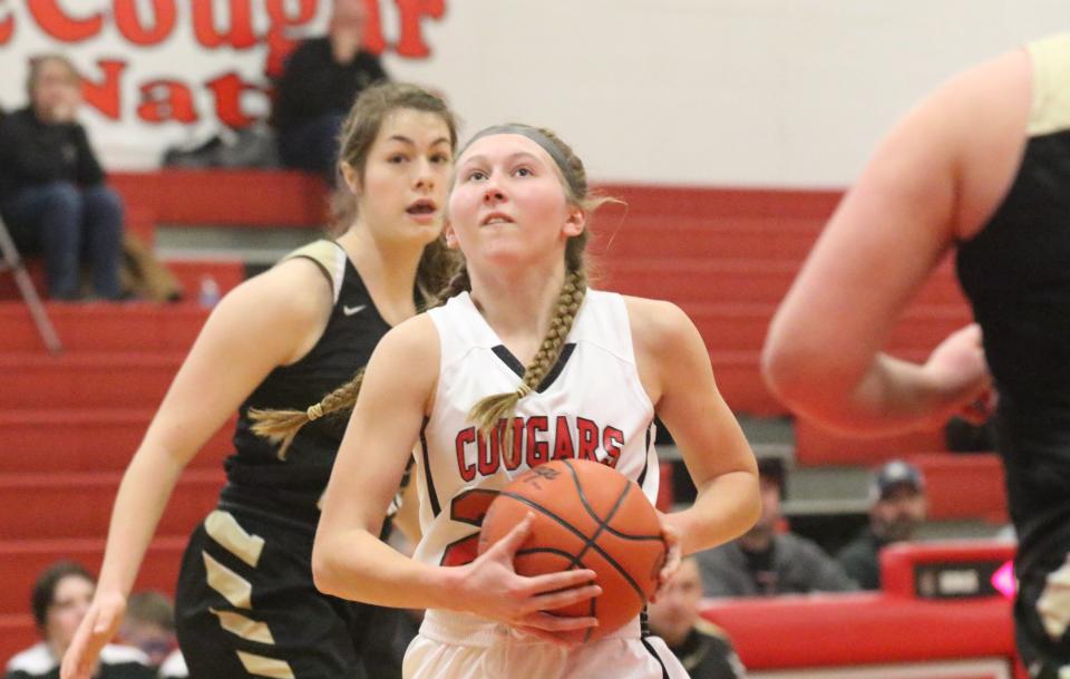 Crestview's Emma Aumend drives to the basket for two of her game-high 19 points in the Cougars' win over South Central on Saturday which netted them at least a share of the Firelands Conference championship.