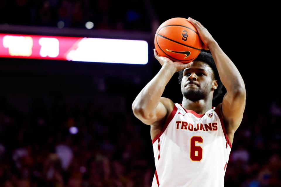 USC guard Bronny James takes a free throw during the second half against Long Beach State.