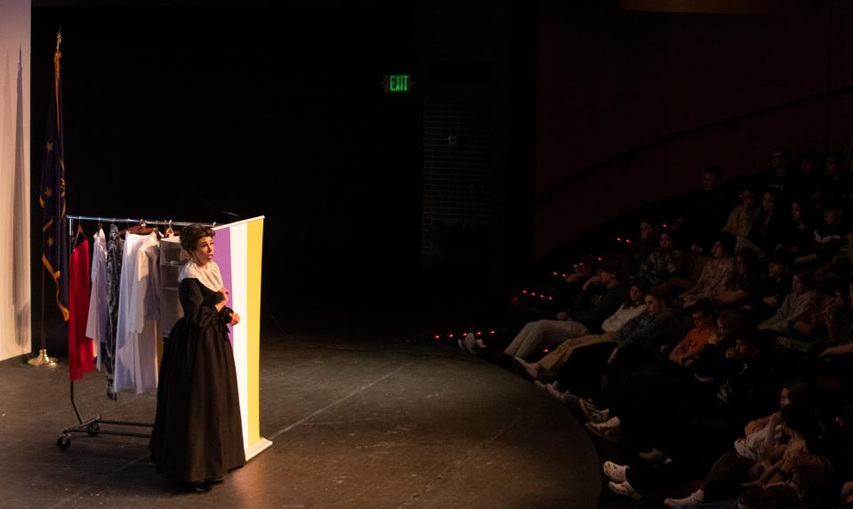 Audrey Johnson, Of Thee I Sing founder, performs for students, Thursday, March 23, 2023, at Delphi Community High School in Delphi, Ind. 