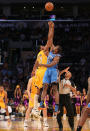 LOS ANGELES, CA - MAY 19: Andrew Bynum #17 of the Los Angeles Lakers and Serge Ibaka #9 of the Oklahoma City Thunder go after the opening jump ball to start Game Four of the Western Conference Semifinals in the 2012 NBA Playoffs on May 19 at Staples Center in Los Angeles, California. NOTE TO USER: User expressly acknowledges and agrees that, by downloading and or using this photograph, User is consenting to the terms and conditions of the Getty Images License Agreement. (Photo by Stephen Dunn/Getty Images)