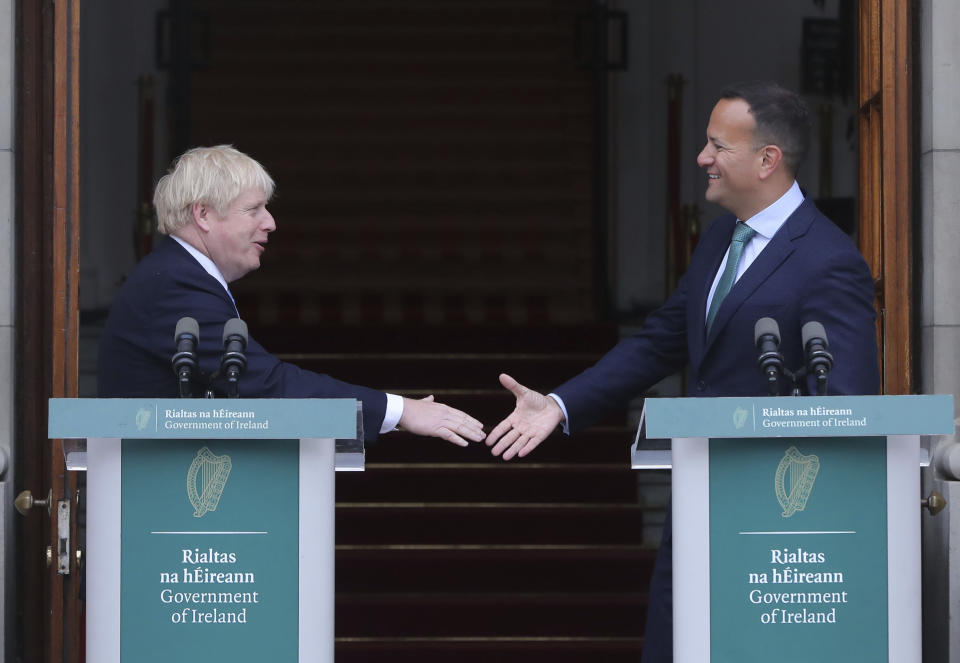 Britain's Prime Minister Boris Johnson, left, meets with Ireland's Prime Minister Leo Varadkar at Government Buildings in Dublin, Monday Sept. 9, 2019. Boris Johnson is to meet with Leo Varadkar in search of a compromise on the simmering Brexit crisis. (Niall Carson/PA via AP)