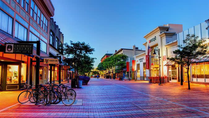 Burlington, Vermont, USA - October 12, 2017: Morning view of the  uncovered outdoor pedestrian Church Street Marketplace in the downtown district.