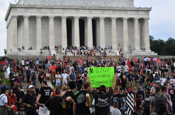 Fans of the US rap group Insane Clown Posse, known as Juggalos, gather on September 16, 2017 in front of the Lincoln Memorial in Washington, D.C. to protest at a 2011 FBI decision to classify their movement as a gang. / AFP PHOTO / PAUL J. RICHARDS        (Photo credit should read PAUL J. RICHARDS/AFP/Getty Images)
