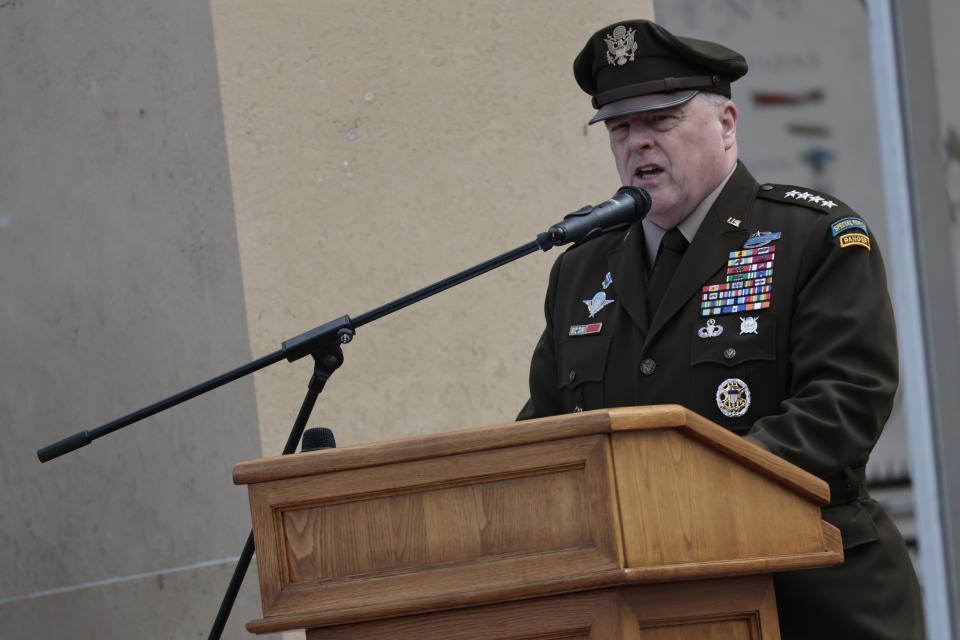 Army Gen. Mark Milley, chairman of the Joint Chiefs of Staff, delivers his speech during the 78th anniversary of D-Day ceremony, in the Normandy American Cemetery and Memorial of Colleville-sur-Mer, overlooking Omaha Beach, Monday, June, 6, 2022. In an interview with the Associated Press, Army Gen. Mark Milley, said that the United States and the Allied countries must "continue" to provide significant support to Ukraine out of respect for D-Day soldiers' legacy, as commemorations of the June 6, 1944 landings were being held Monday in Normandy. (AP Photo/ Jeremias Gonzalez)