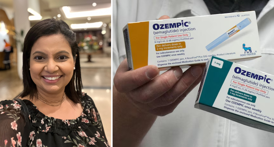 The photo on the left is Rashmi Watel. And on the right is the drug Ozempic, which she says she will never use again. 