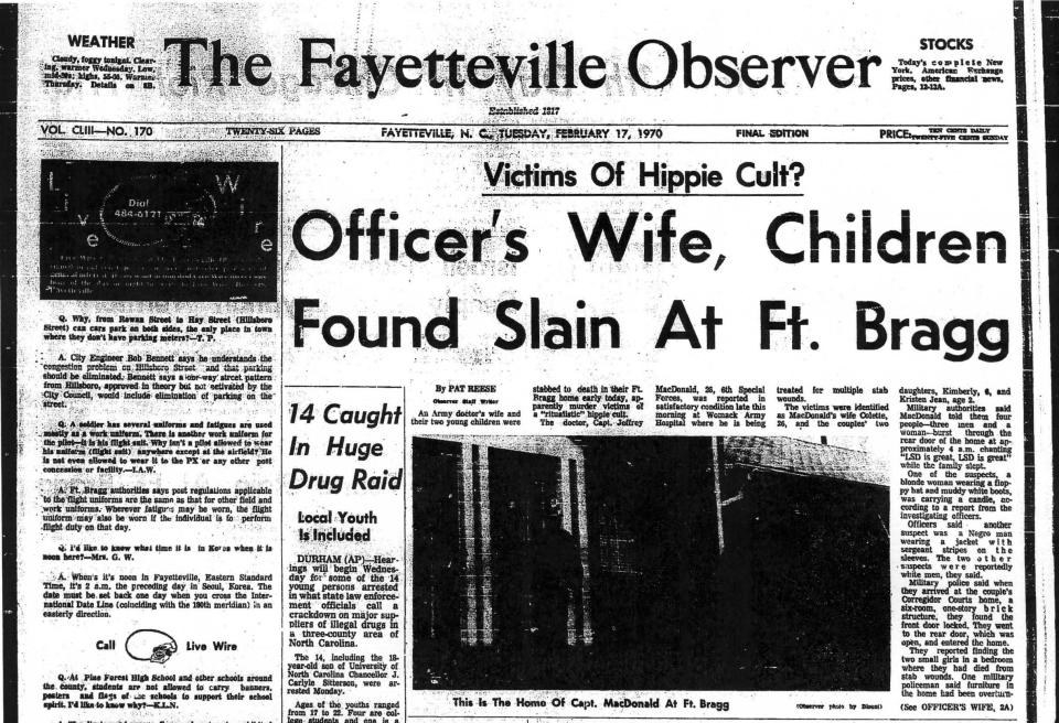 The front page of The Fayetteville Observer on Feb. 17, 1970, the day Jeffrey MacDonald's pregnant wife and two children were found slain in their home and MacDonald injured.