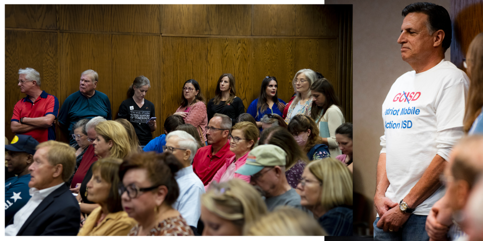 Parents packed into the meeting room of the Grapevine-Colleyville school board in August 2022 to comment on a plan to ban books and lessons about 