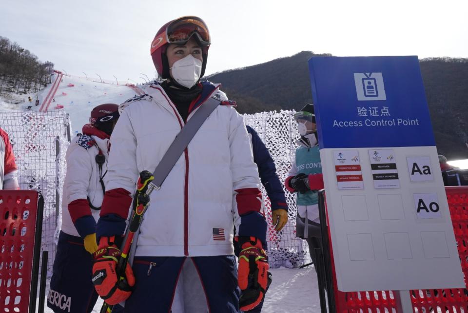 Mikaela Shiffrin skis into the finish area after skiing off course.