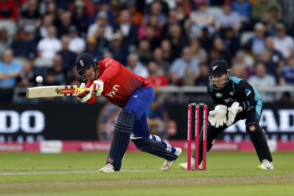 England's Harry Brook bats during the IT20 match between England and New Zealand at Emirates Old Trafford, Manchester, England, Friday Sept. 1, 2023. (Nigel French/PA via AP)