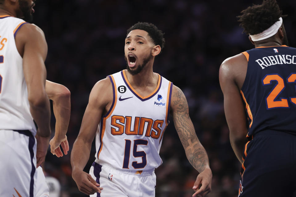 Phoenix Suns guard Cameron Payne (15) reacts during the first half of an NBA basketball game against the New York Knicks, Monday, Jan. 2, 2023, in New York. (AP Photo/Jessie Alcheh)