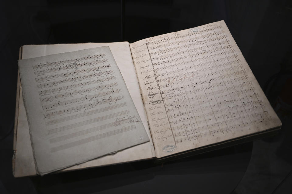 A Ludwig van Beethoven's music manuscript, is seen in the Moravian Museum's collection in Brno on Nov. 30 2022, in Brno, Slovakia. The autograph of the 4th movement of the string quartet in B-flat Major, op. 130, one of the highly valued late quartets by the German composer, is finally to be returned to the heirs of the rightful owners, once the richest family in pre-World War II Czechoslovakia, whose members had to flee the country to escape the Holocaust. (Šálek Václav/CTK via AP)