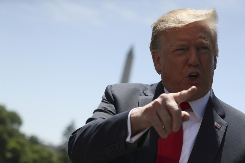 President Donald Trump speaks to members of the media on the South Lawn of the White House in Washington, Friday, May 24, 2019, before boarding Marine One for a short trip to Andrews Air Force Base, Md, and then on to Tokyo. (AP Photo/Andrew Harnik)